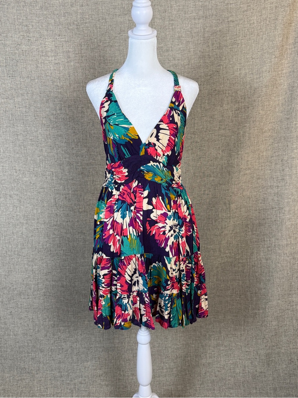 Twenty One Purple Floral V-Neck Mini Dress with Teal & Pink Accents
